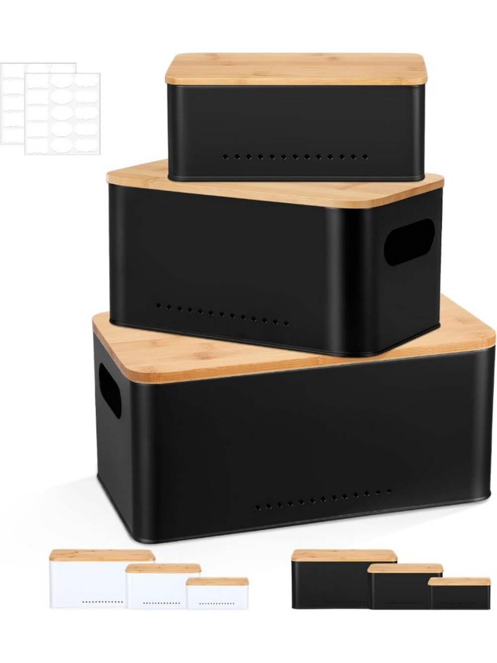 Set of 3 Metal Storage Bins with Lids - Rustic Farmhouse Nesting Boxes, Black